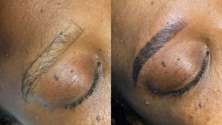 Résultat avant et après d’un microshading des sourcils point par point avec effet ombré et sourcils restructurer