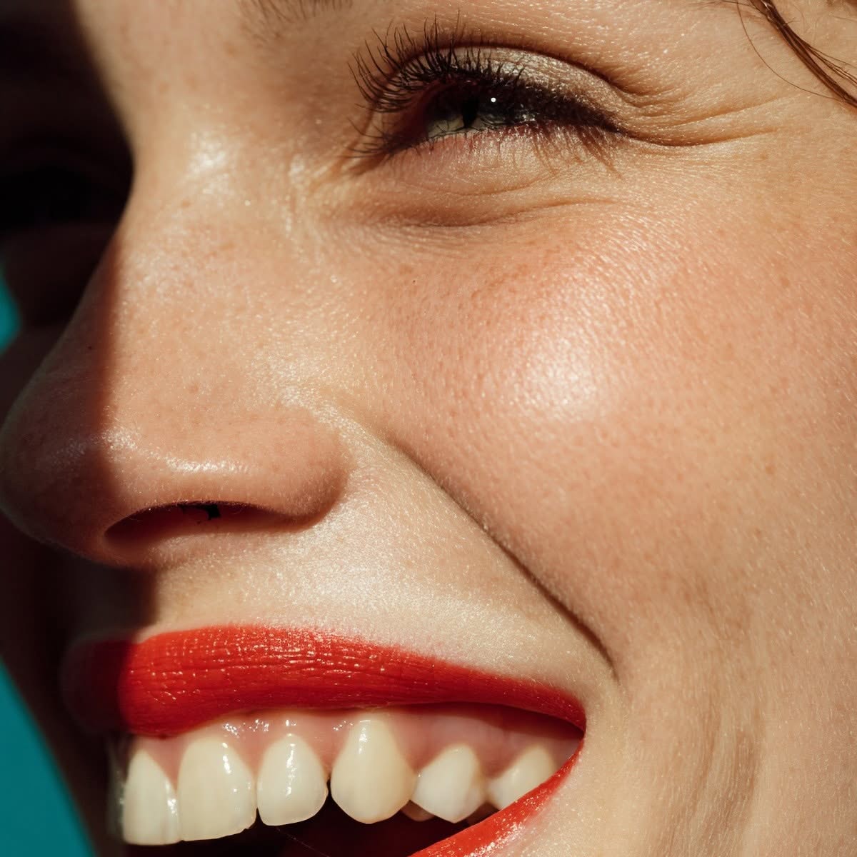 Sourire d'une femme portant du rouge à lèvres rouge, montrant une lèvre supérieure et une peau du visage parfaitement lisses